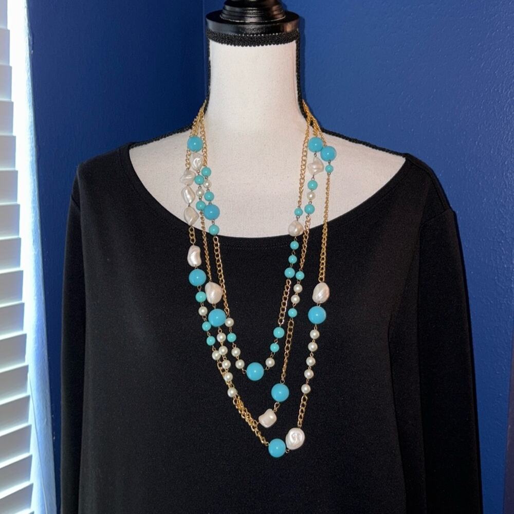 Kenneth Lane Triple Strand Gold-Tone Necklace with Faux Pearls & Turquoise Beads
